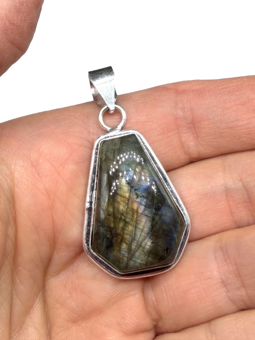 Labradorite Necklace Pendant Coffin Cut 925 Sterling Silver Overlay
